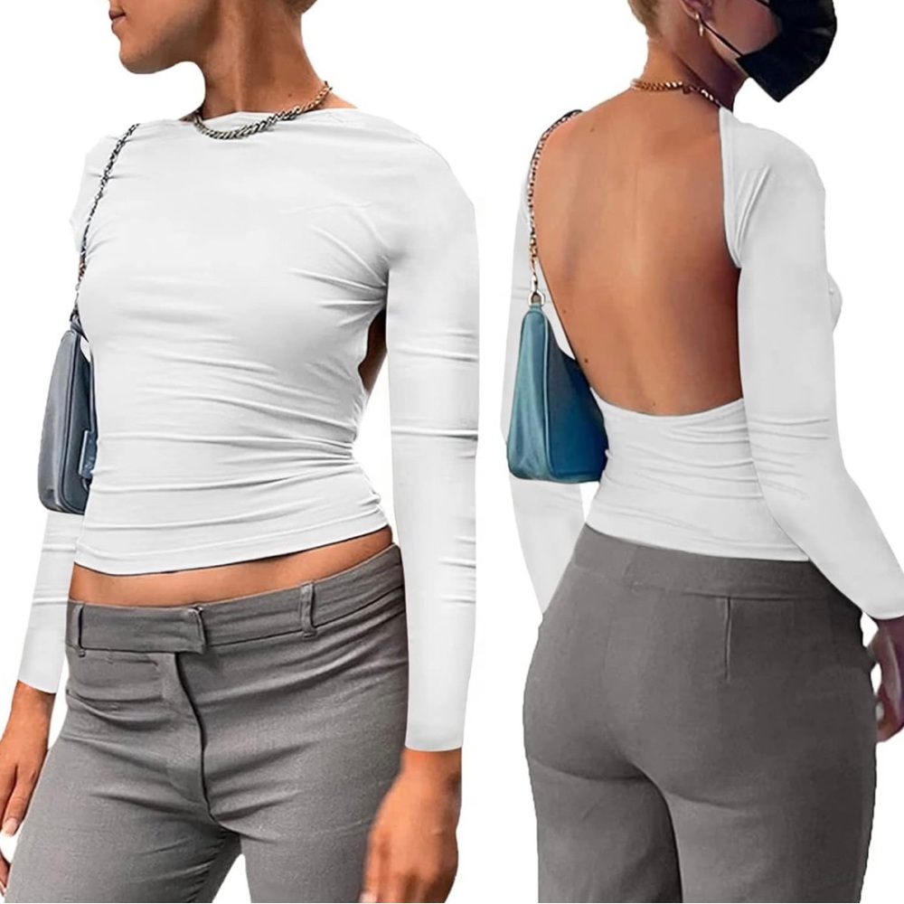 Long Sleeve Crop Top Casual Y2K Cami Slim Fitted Backless Sweetheart Neck